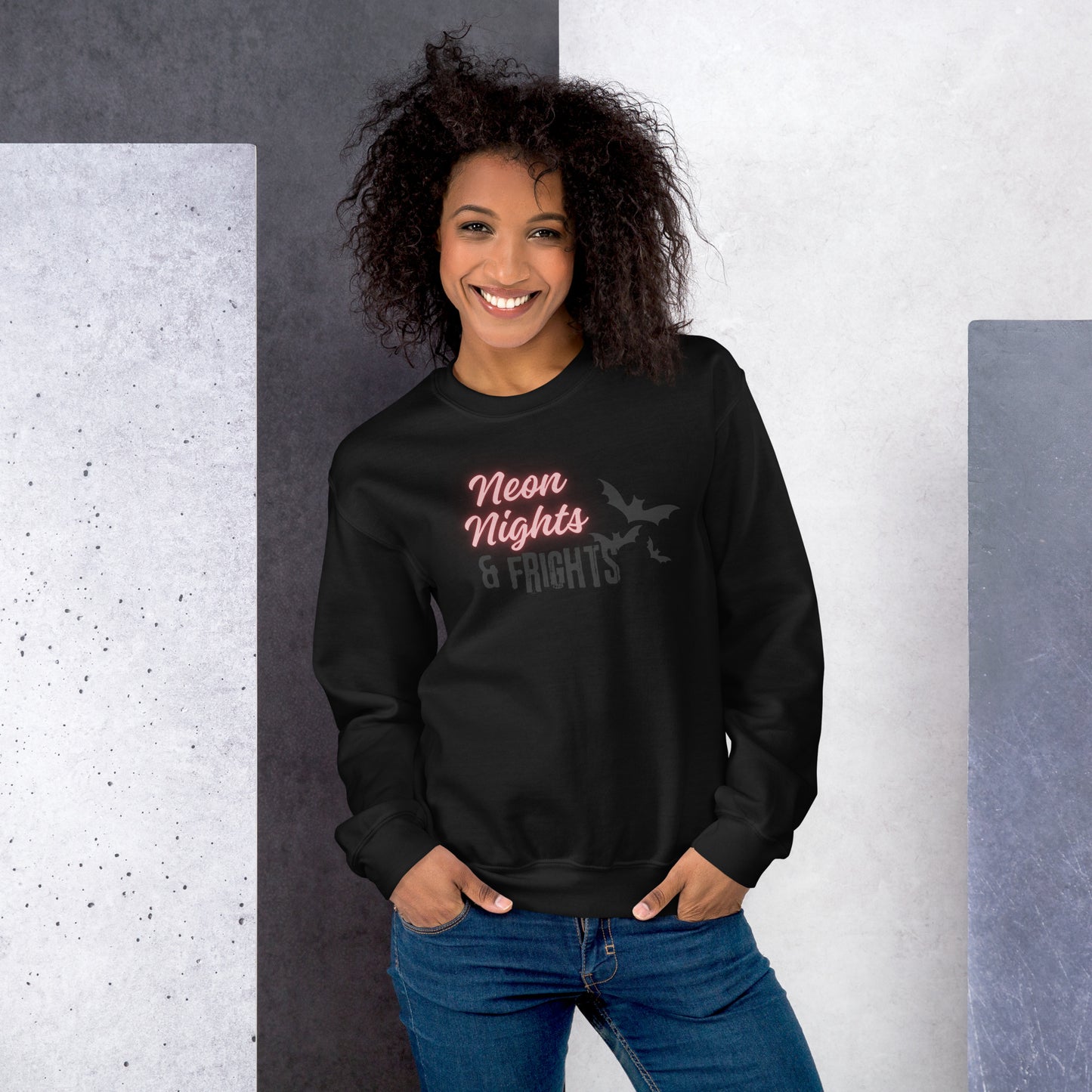 Neon Nights and Frights with Bats Halloween Fall Crewneck Sweatshirt