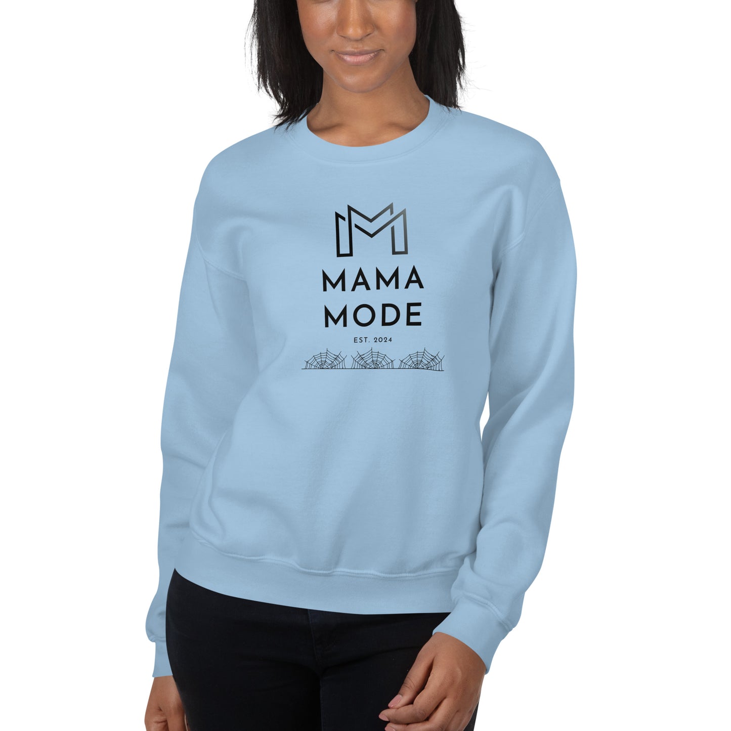 New Mom | Mama Mode Established 2024 Halloween Spiderweb Fall Crewneck Sweatshirt