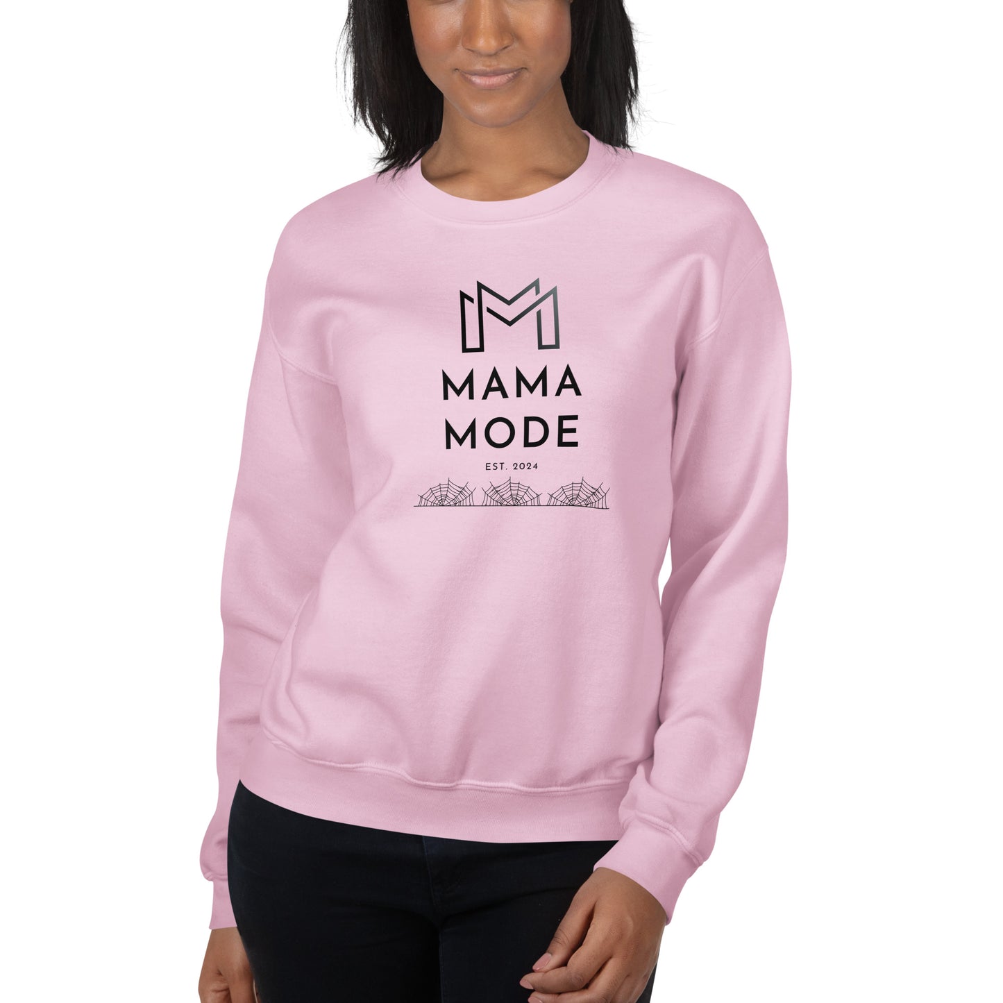 New Mom | Mama Mode Established 2024 Halloween Spiderweb Fall Crewneck Sweatshirt