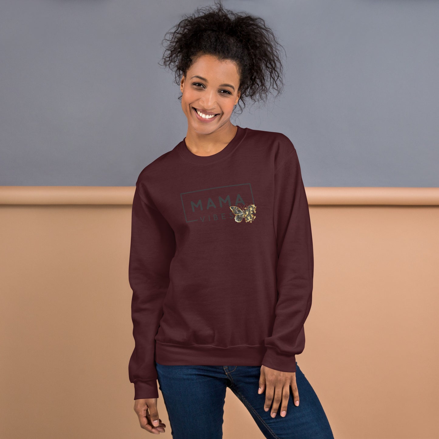 Mama Vibes with Border Butterfly Crewneck Sweatshirt | Fall CozyFall Swetshirt for Mom