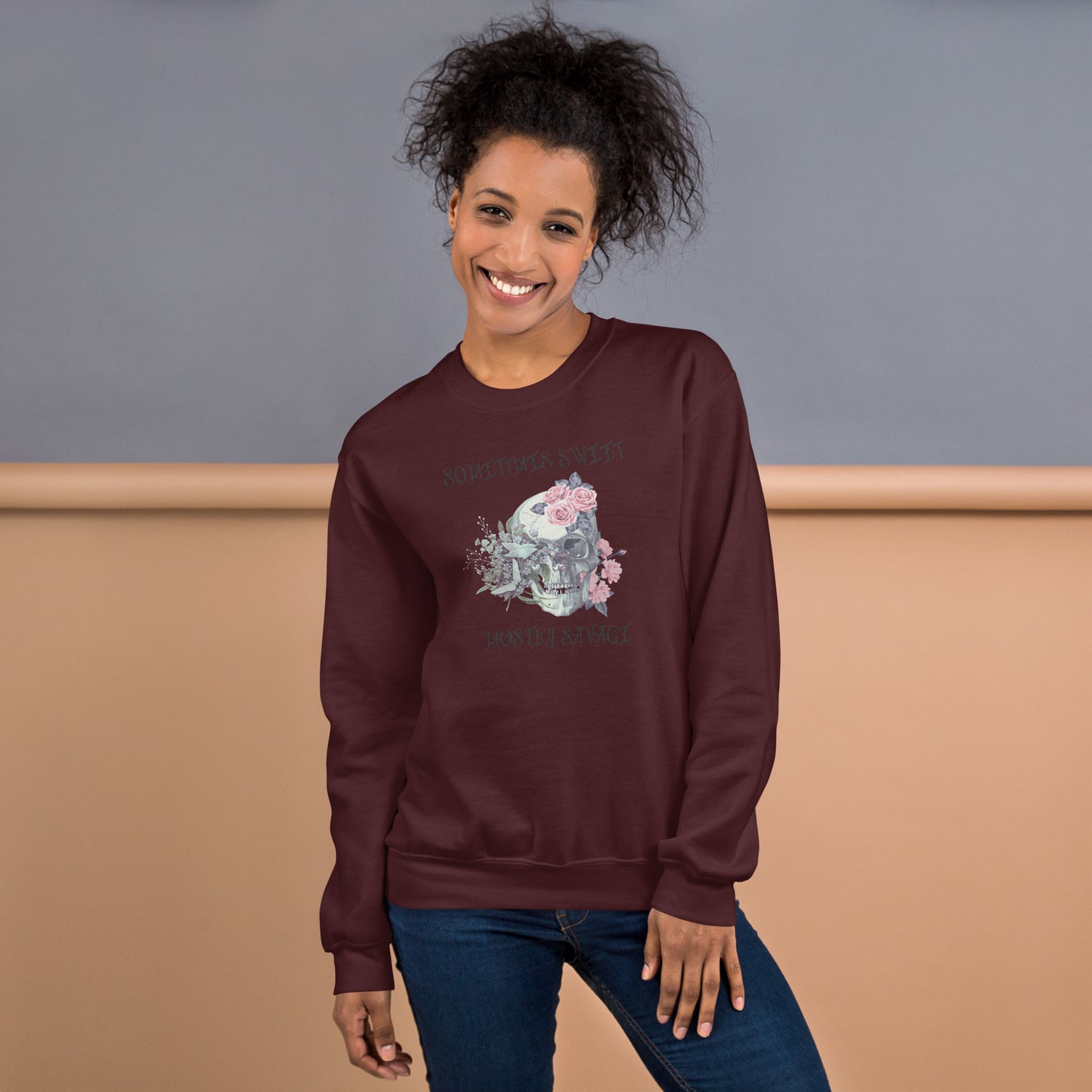 Sometimes Sweet Mostly Savage Floral Skull Unisex Sweatshirt