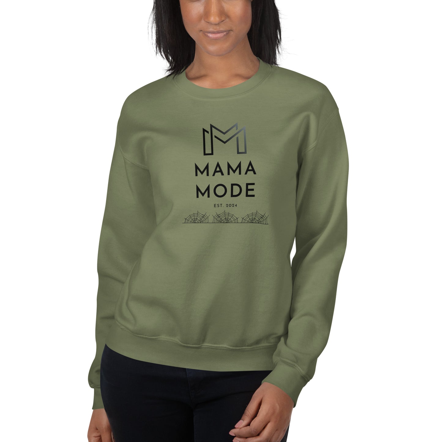 New Mom | Mama Mode Established 2024 Halloween Spiderweb Fall Crewneck Sweatshirt
