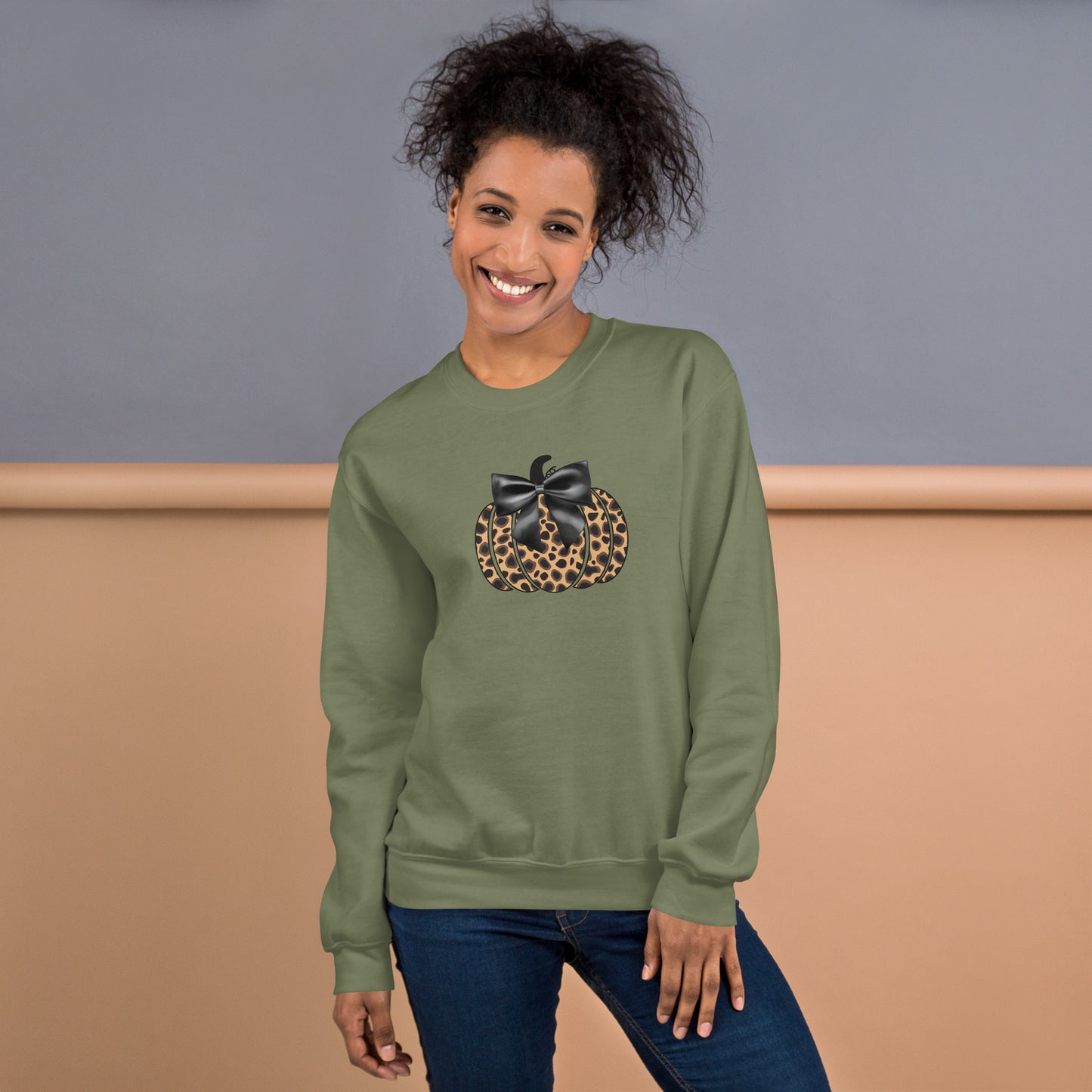 Cheetah Print Pumpkin with Bow Fall Halloween Crewneck Unisex Sweatshirt