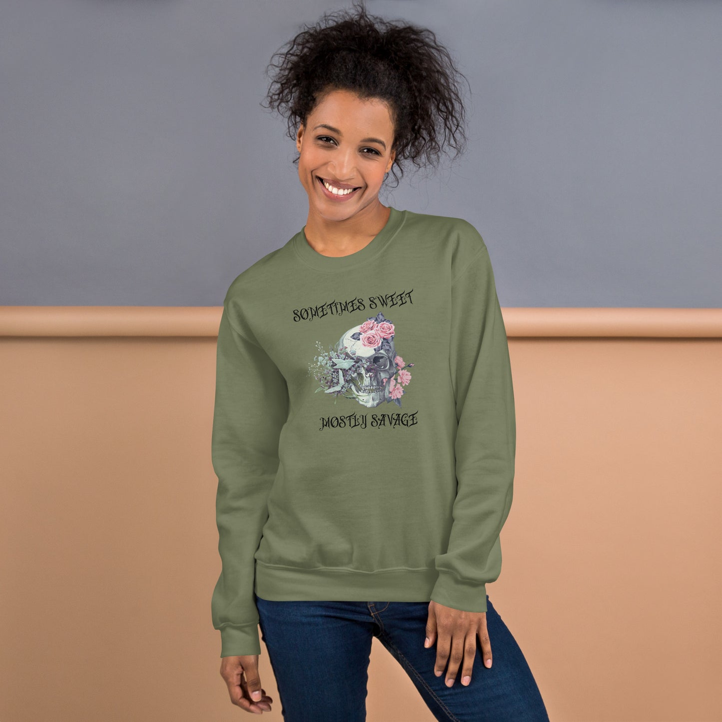 Sometimes Sweet Mostly Savage Floral Skull Unisex Sweatshirt