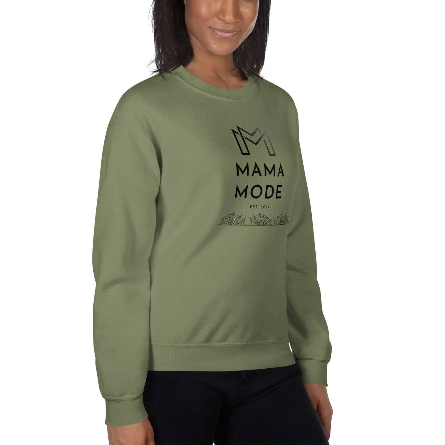 New Mom | Mama Mode Established 2024 Halloween Spiderweb Fall Crewneck Sweatshirt