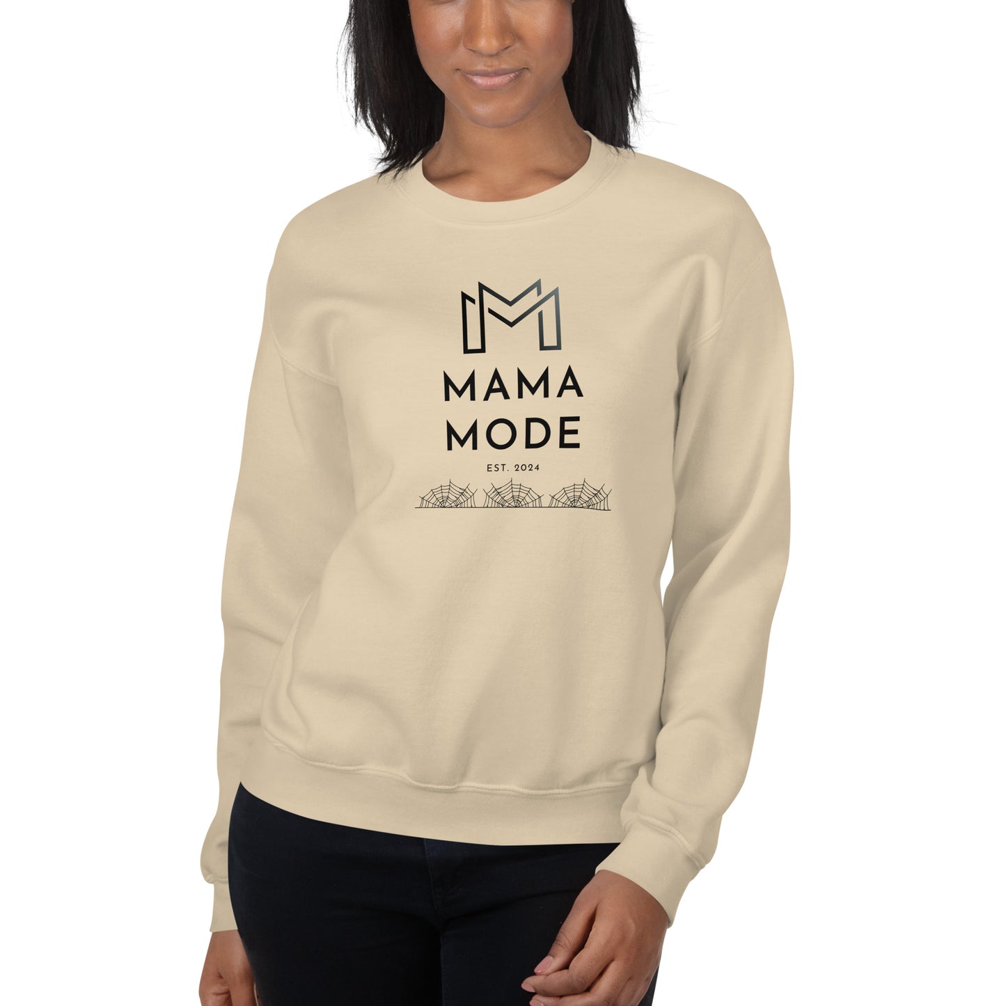 New Mom | Mama Mode Established 2024 Halloween Spiderweb Fall Crewneck Sweatshirt