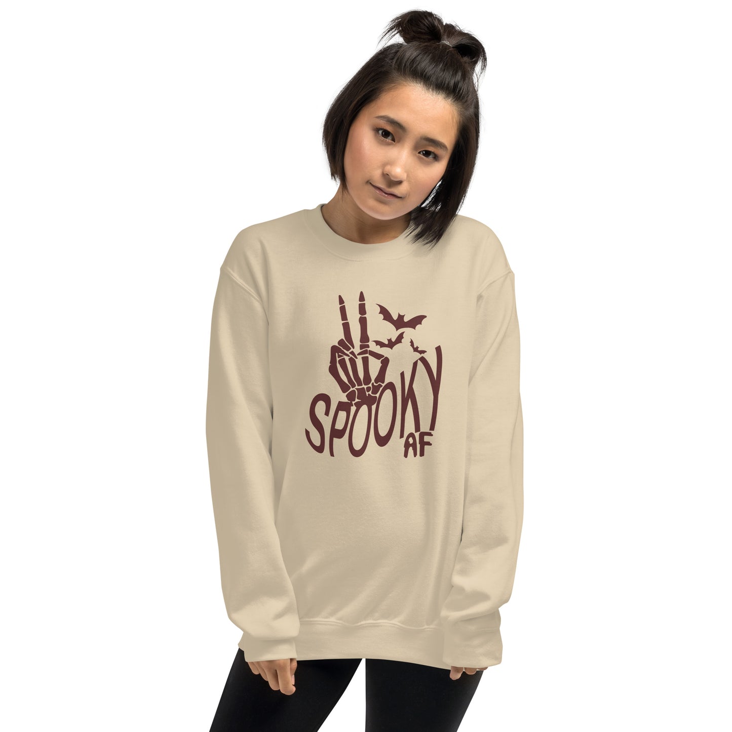 Spooky AF Fall Halloween Skeleton Hands Peace Sign Crewneck Unisex Sweatshirt