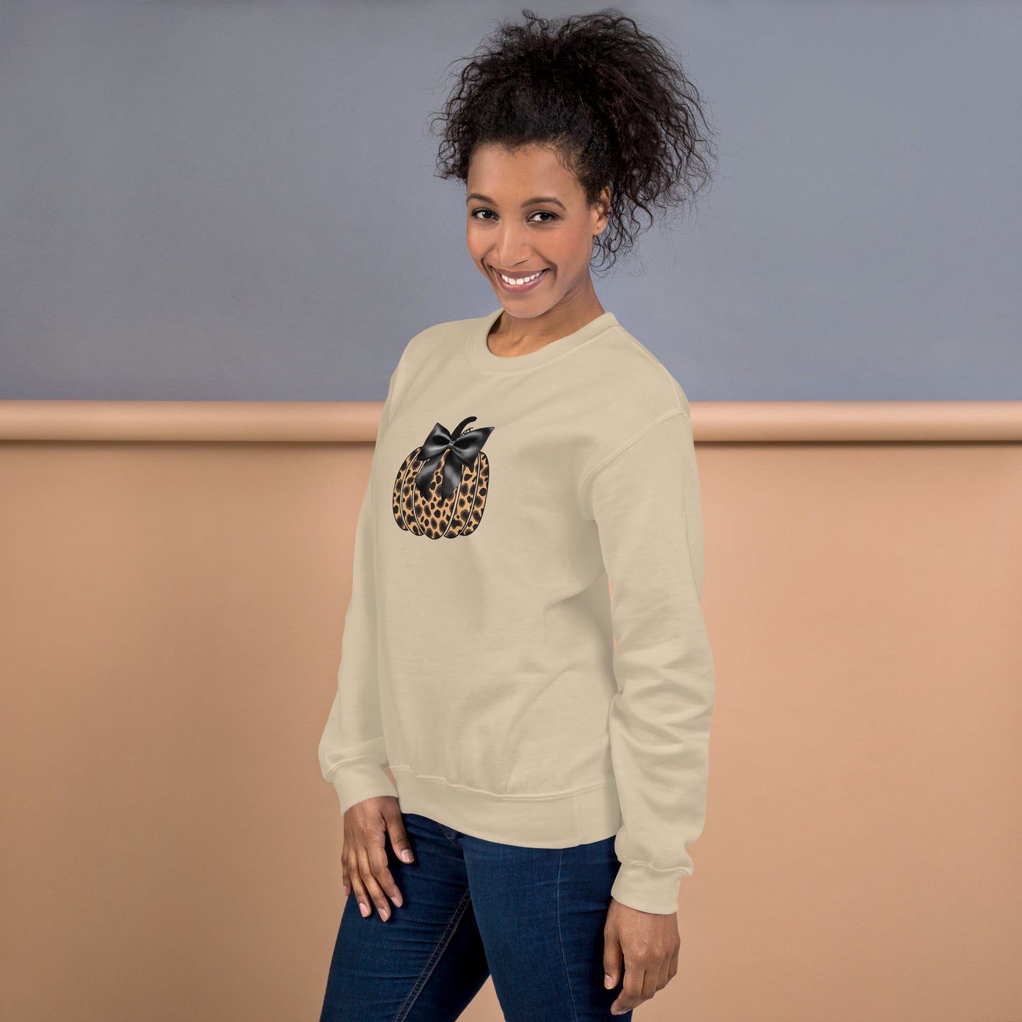 Cheetah Print Pumpkin with Bow Fall Halloween Crewneck Unisex Sweatshirt