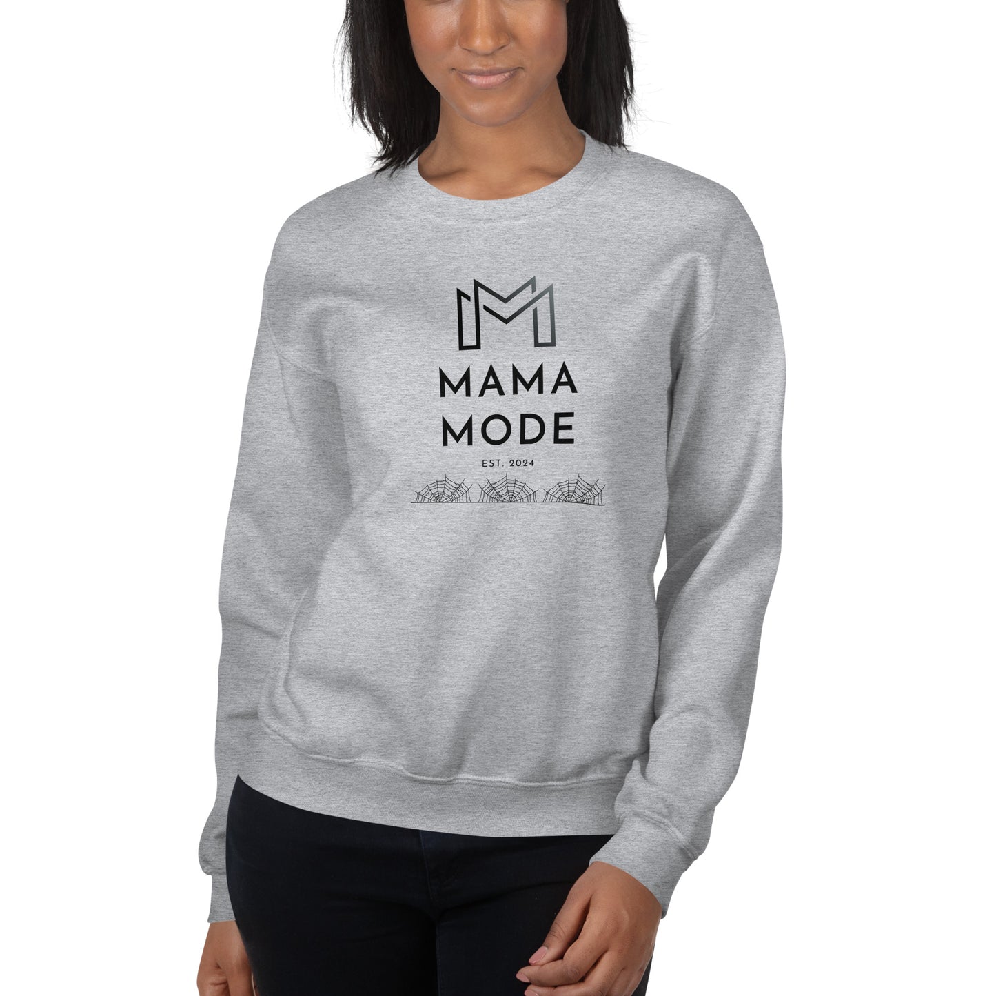 New Mom | Mama Mode Established 2024 Halloween Spiderweb Fall Crewneck Sweatshirt