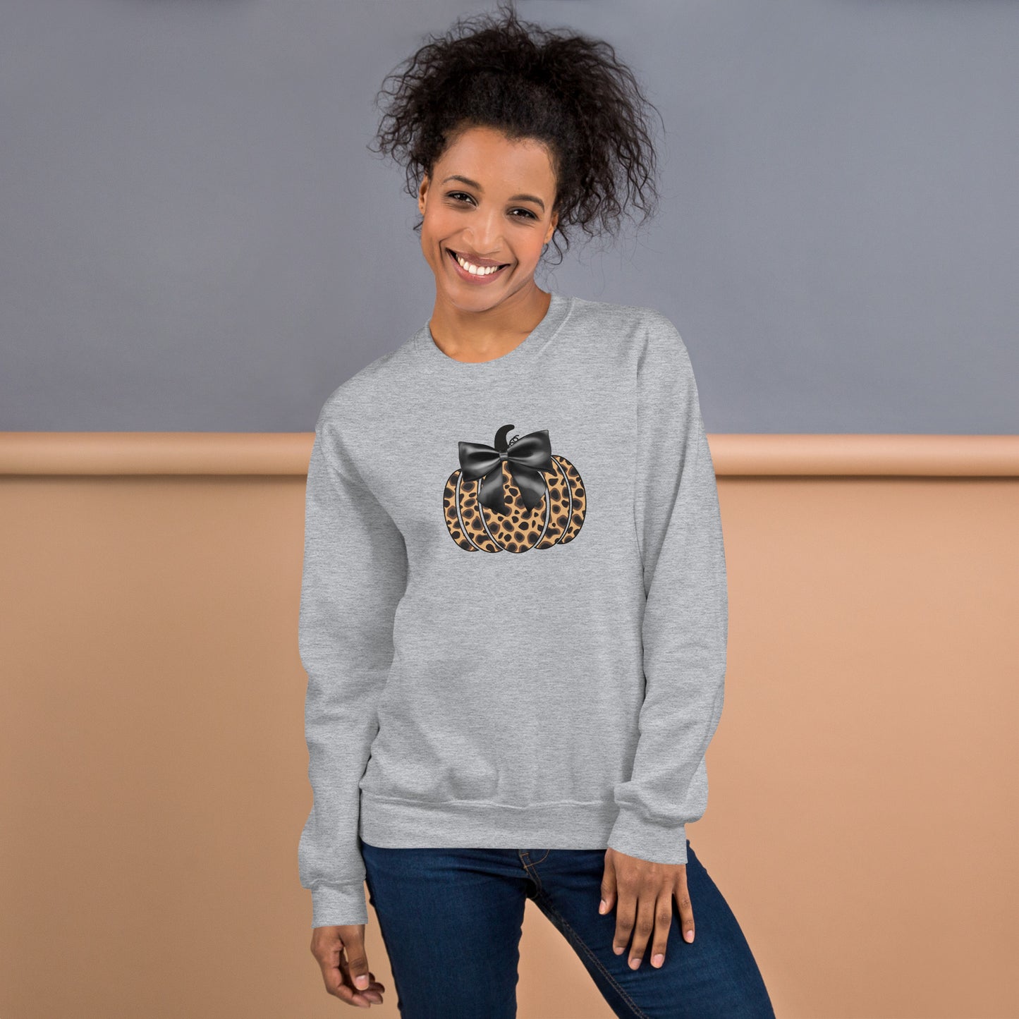 Cheetah Print Pumpkin with Bow Fall Halloween Crewneck Unisex Sweatshirt