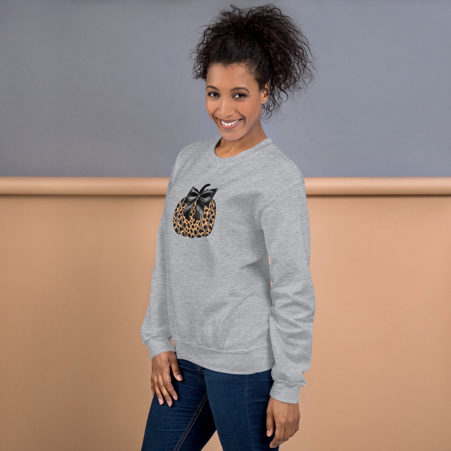 Cheetah Print Pumpkin with Bow Fall Halloween Crewneck Unisex Sweatshirt