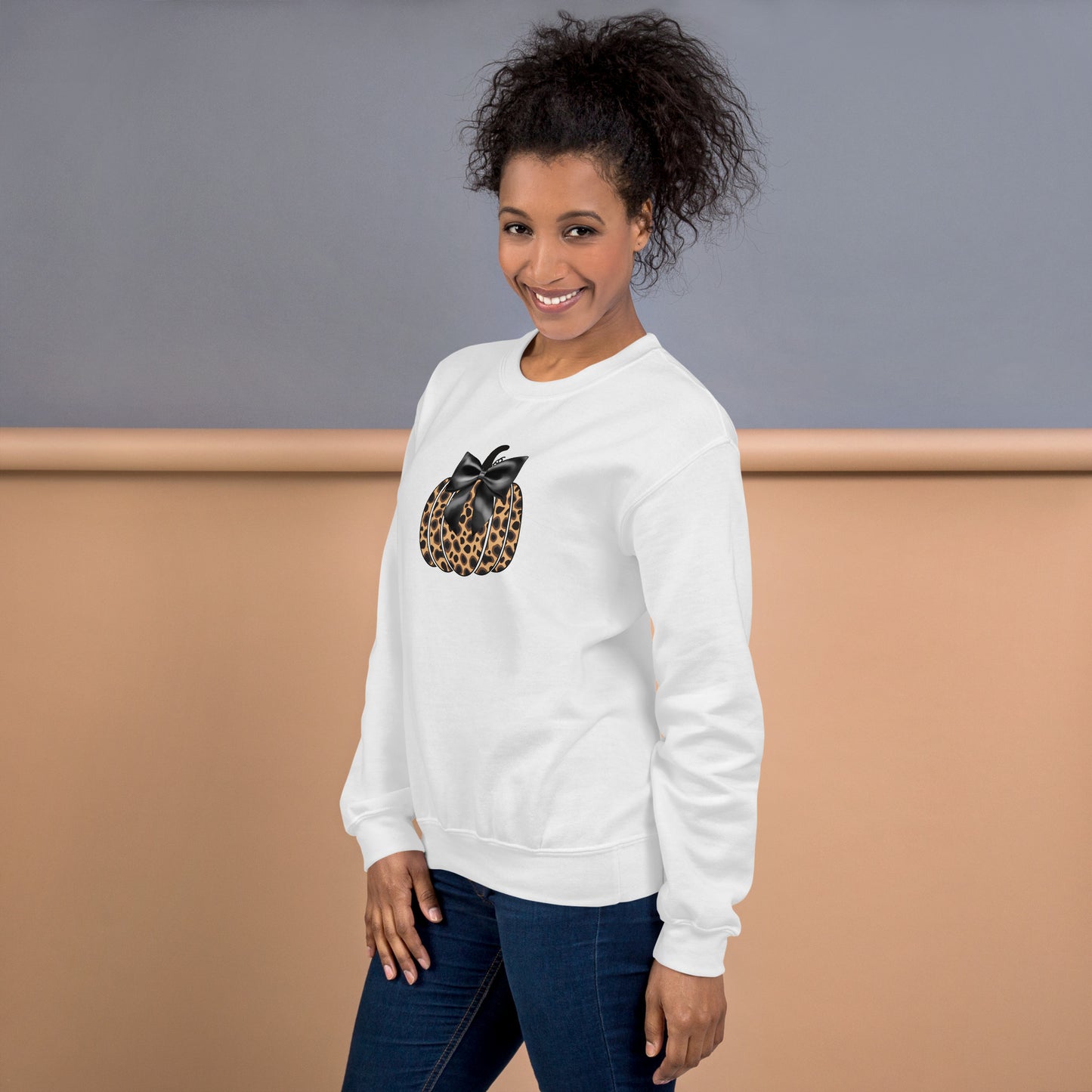 Cheetah Print Pumpkin with Bow Fall Halloween Crewneck Unisex Sweatshirt