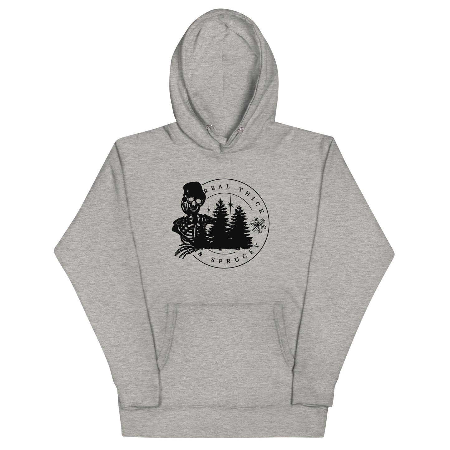 Real Thick and Sprucey Funny Winter Christmas Premium Unisex Hoodie with Skeletons and Trees
