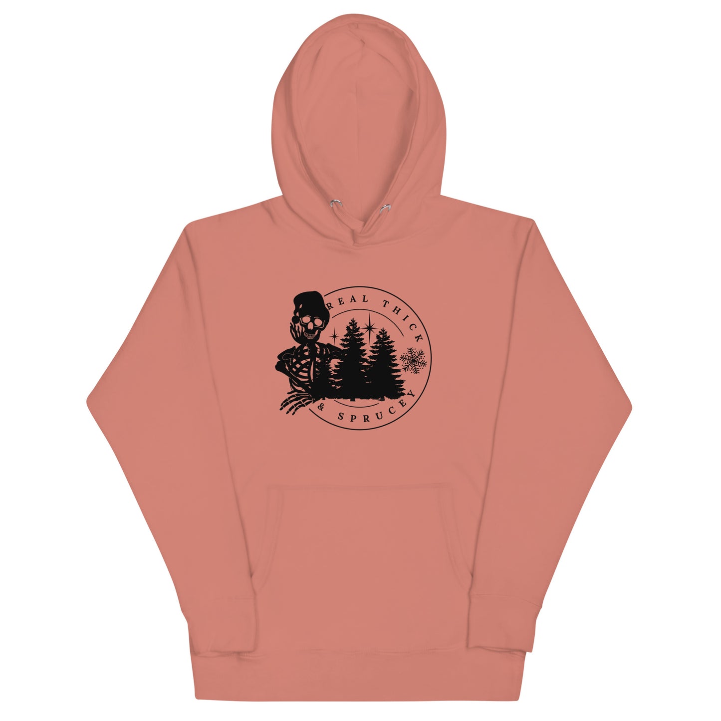 Real Thick and Sprucey Funny Winter Christmas Premium Unisex Hoodie with Skeletons and Trees