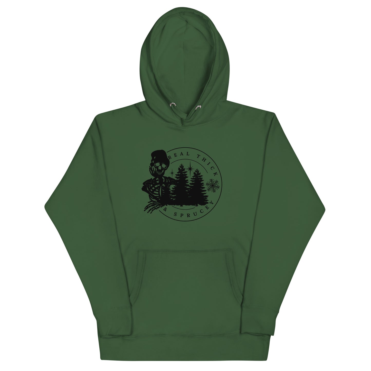Real Thick and Sprucey Funny Winter Christmas Premium Unisex Hoodie with Skeletons and Trees
