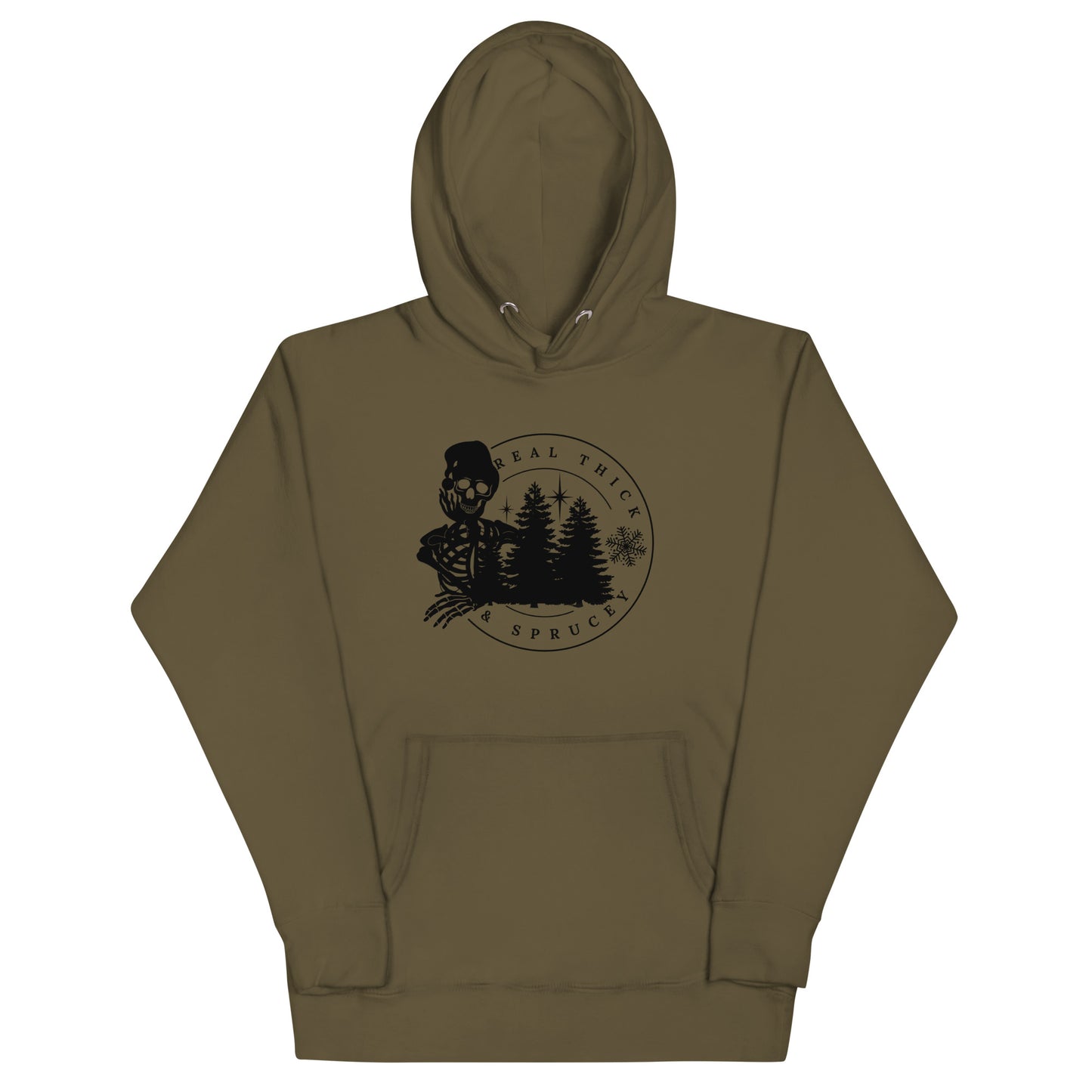 Real Thick and Sprucey Funny Winter Christmas Premium Unisex Hoodie with Skeletons and Trees
