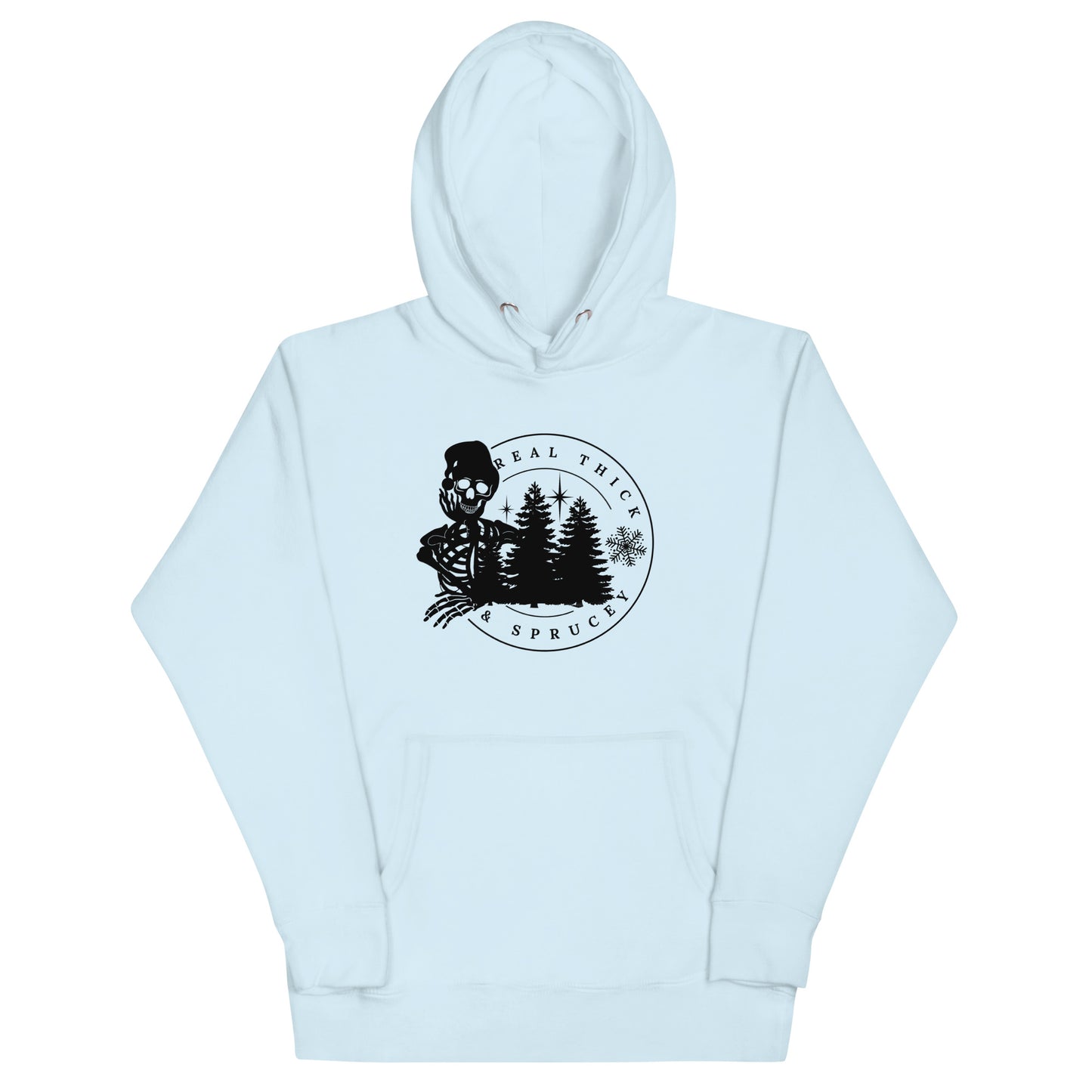 Real Thick and Sprucey Funny Winter Christmas Premium Unisex Hoodie with Skeletons and Trees