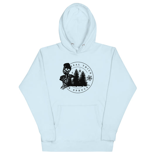 Real Thick and Sprucey Funny Winter Christmas Premium Unisex Hoodie with Skeletons and Trees