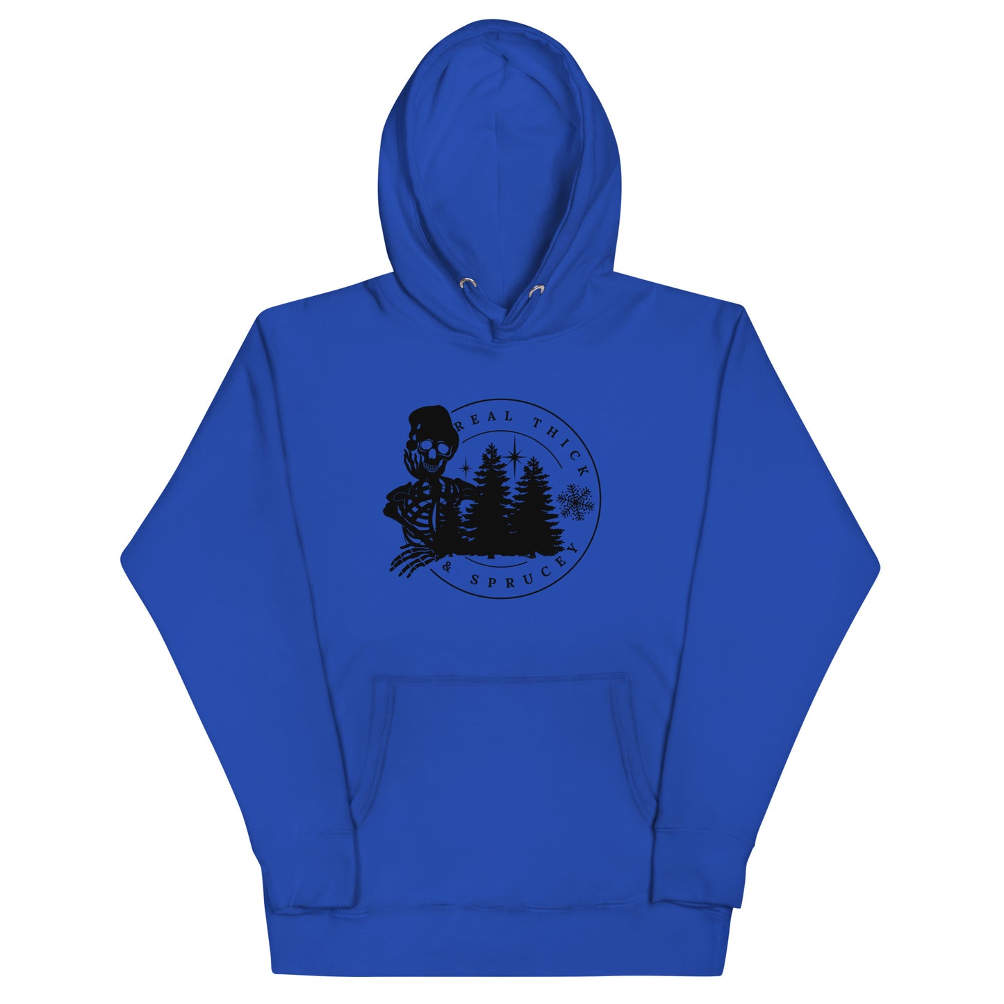 Real Thick and Sprucey Funny Winter Christmas Premium Unisex Hoodie with Skeletons and Trees